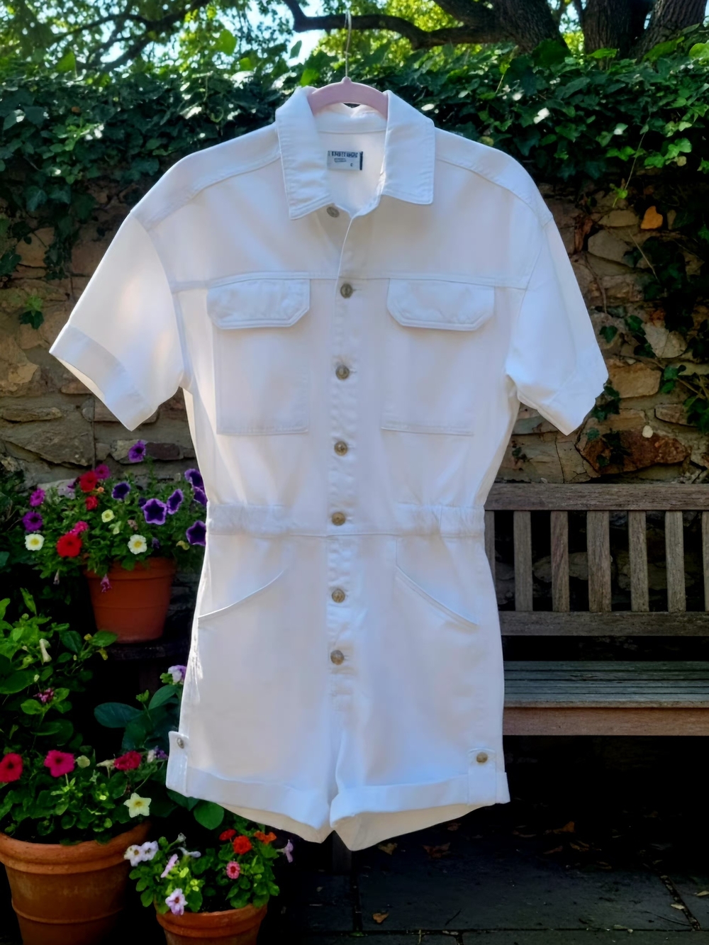 We The Free White Short-Sleeve Utility Romper with Button Front